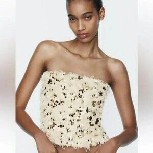 ZARA SEQUIN FEATHER CROP TOP
